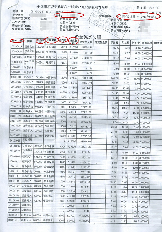 证券明细对账单示例（中国银河证券）